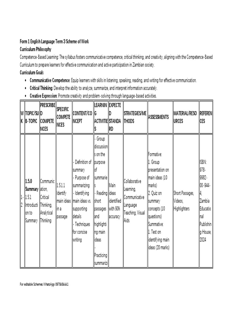 Form 1 English Term 3 Scheme Summary | PDF | Curriculum | Learning