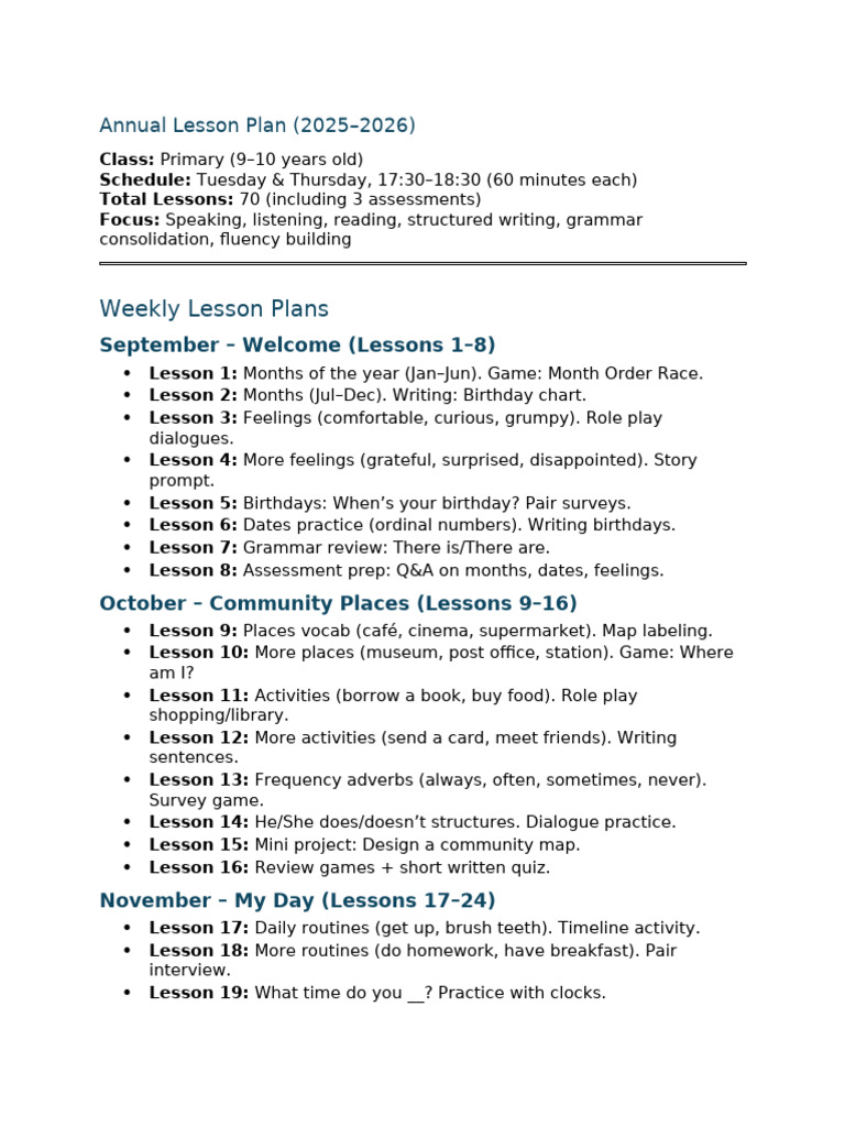 2025-2026 Primary Lesson Plan | PDF | Foods