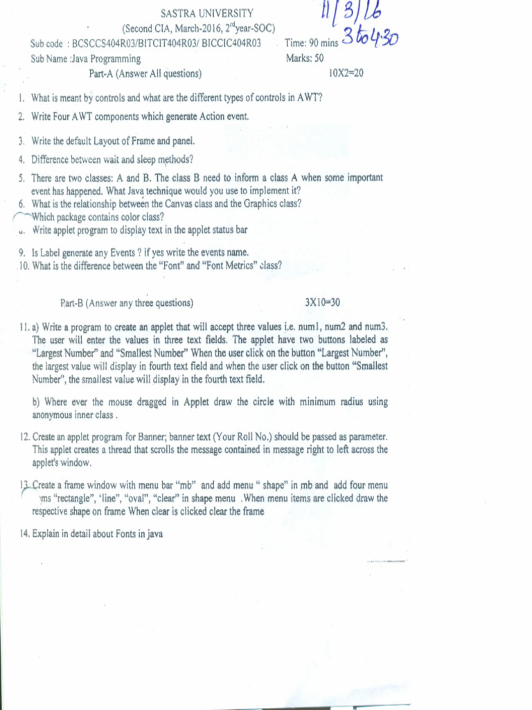 Java CIA II 2016 Question Paper | PDF