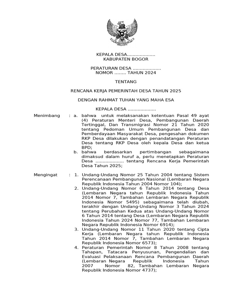 Peraturan Desa RKP 2025 Kabupaten Bogor | PDF