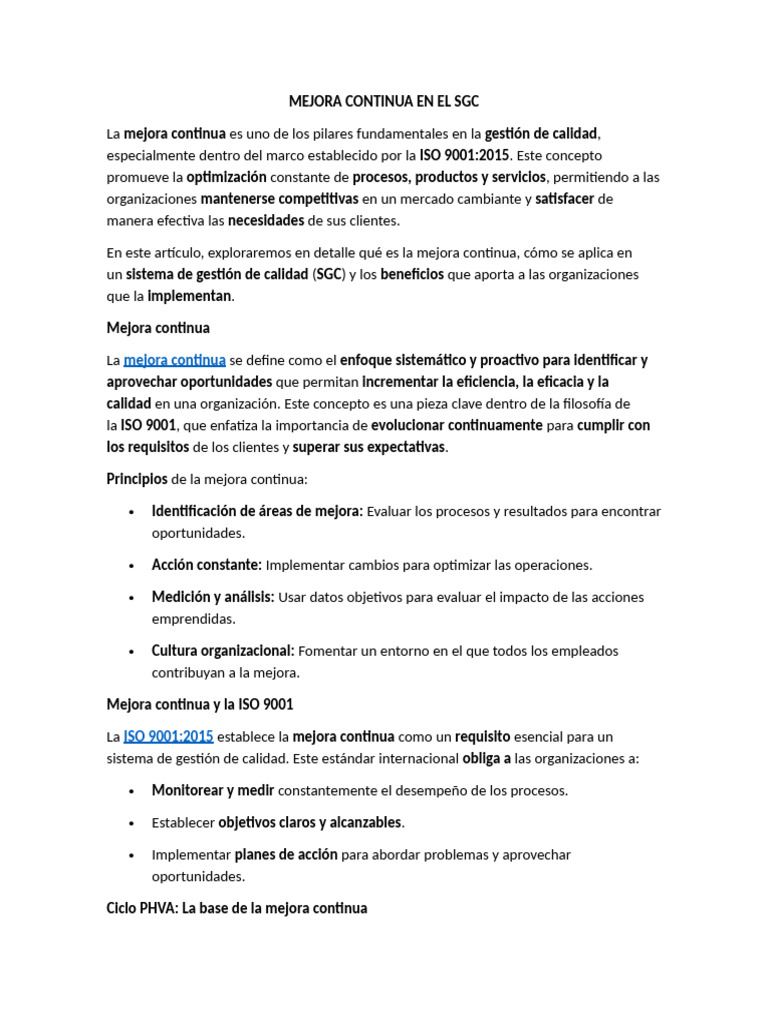 Mejora Continua en el SGC: Claves y Beneficios | PDF | Sistema de ...