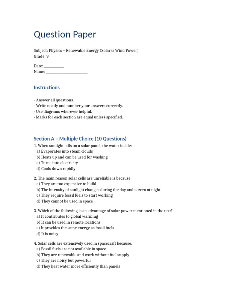 Grade 9 Renewable Energy Exam Paper | PDF | Wind Power | Solar Power