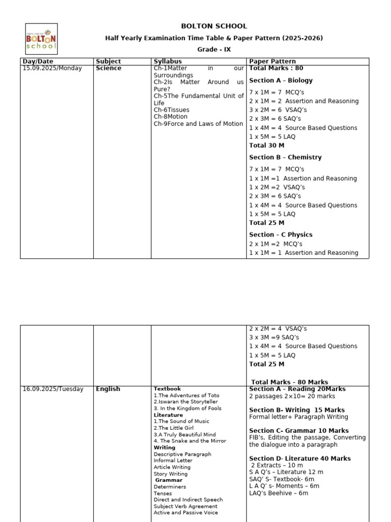 Bolton School Grade IX Exam Timetable 2025 | PDF | Grammar | Syntax