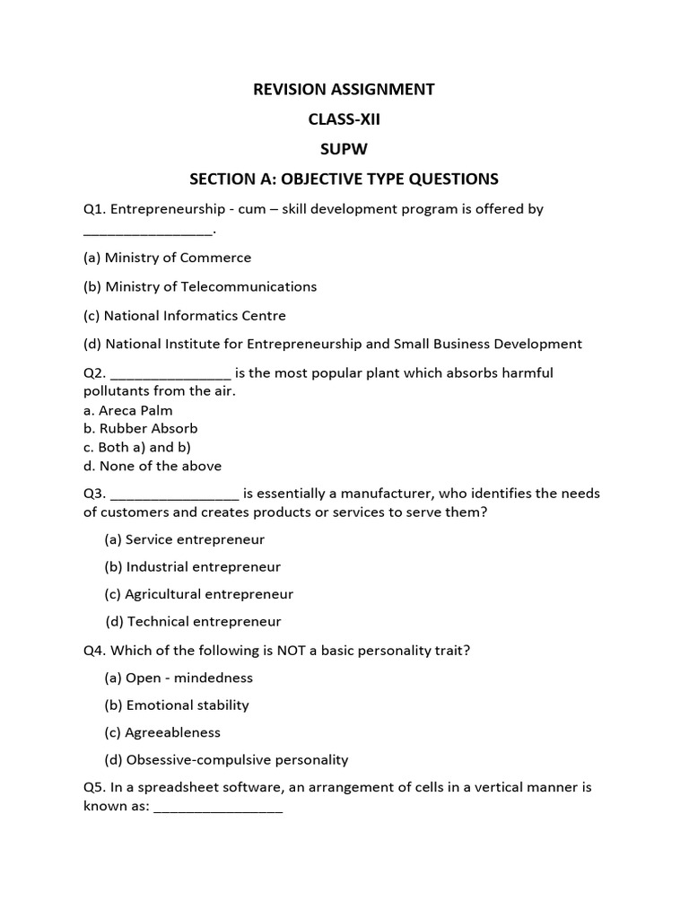 Class XII SUPW Revision Assignment | PDF | Entrepreneurship ...