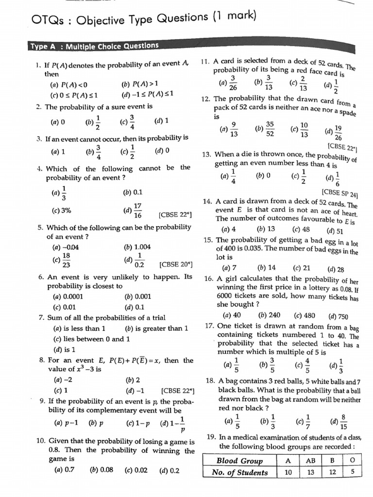 Objective Type Questions on Probability | PDF | Probability ...