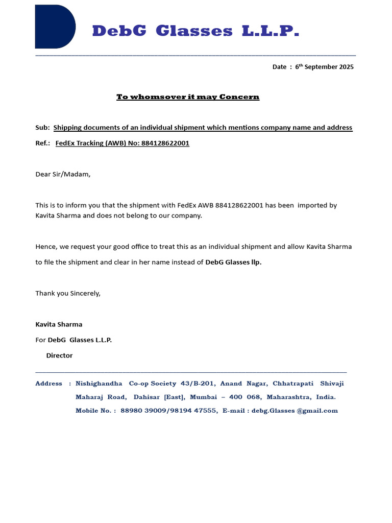 Shipment Clarification for Kavita Sharma | PDF