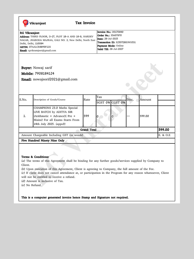 Tax Invoice for Maths Course Payment | PDF