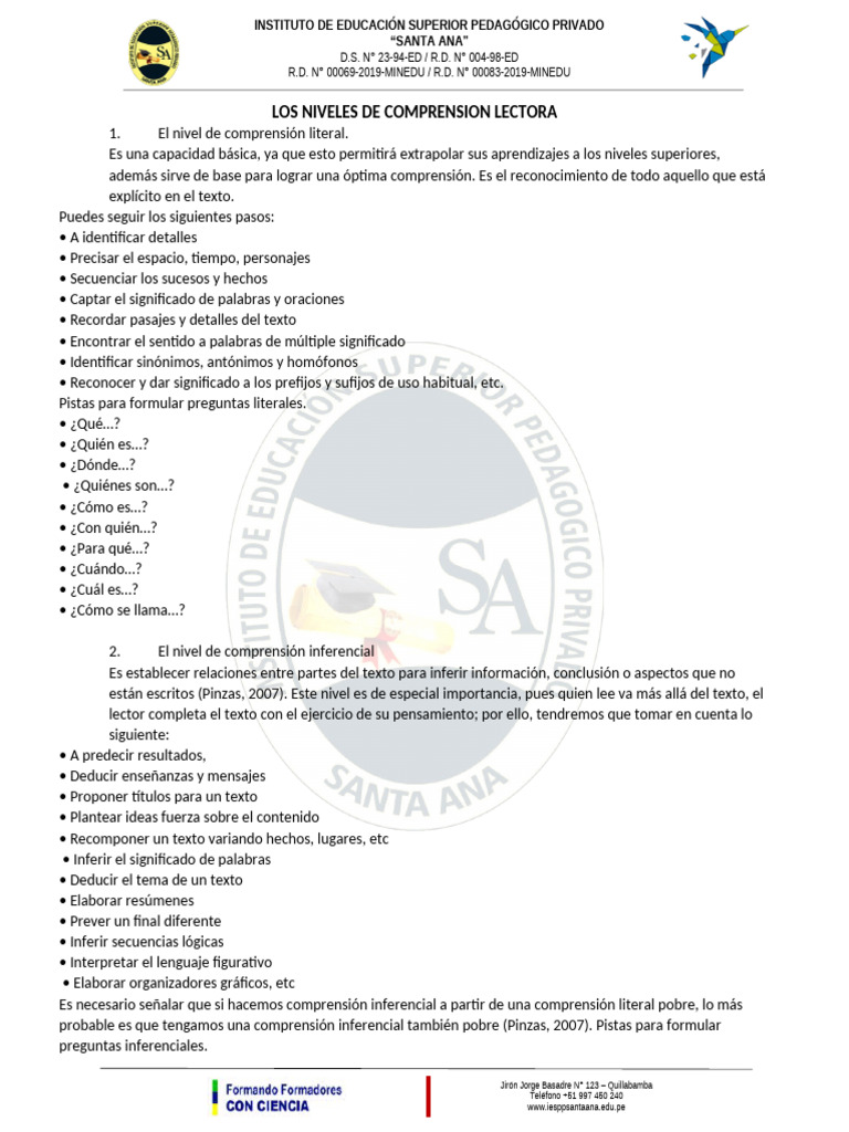Niveles de Comprensión Lectora MINEDU | PDF | Comprensión lectora ...