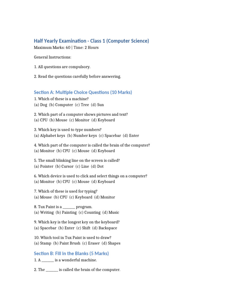 Class 1 Computer Science Exam Guide | PDF | Computer Keyboard | Cursor ...