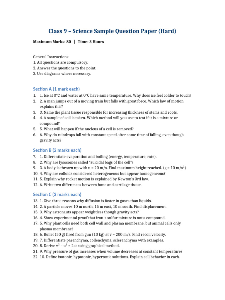 Class 9 Science Sample Question Paper | PDF | Applied And ...