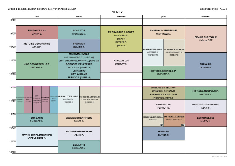 Emploi du temps 1ère 2 - Lycée Saint Pierre | PDF