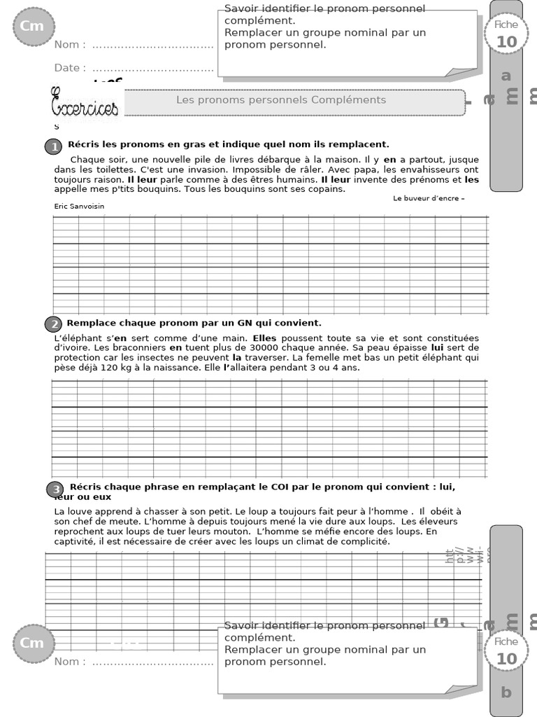 Exercices sur les pronoms CM2 | PDF | Lion | Zoologie