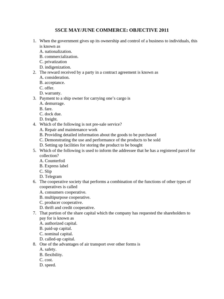 SSCE 2011 Commerce Exam Questions | PDF | Banks | Commerce