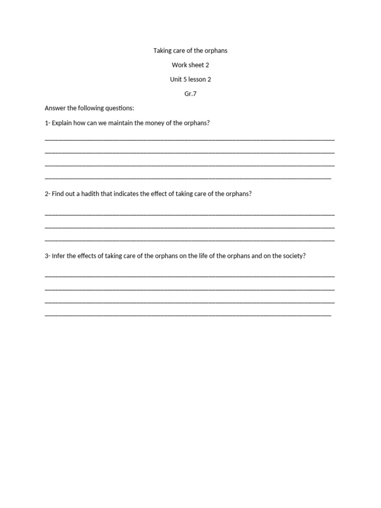 Caring for Orphans: Gr. 7 Worksheet | PDF