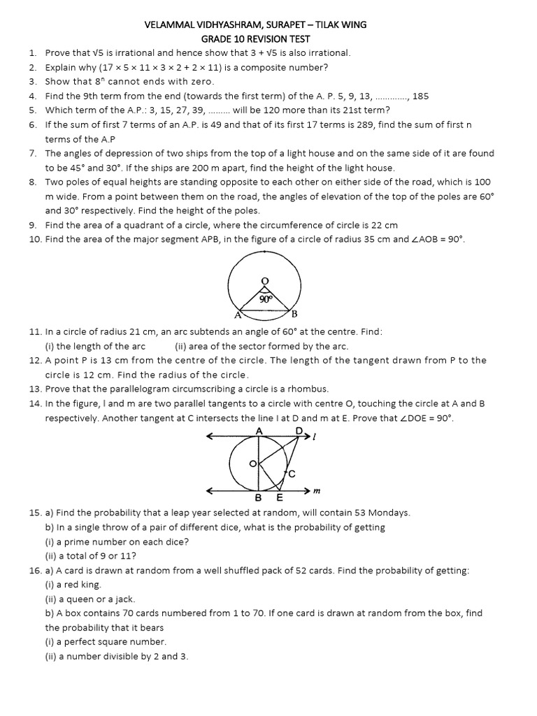 Grade 10 Revision Test Questions | PDF | Circle | Area
