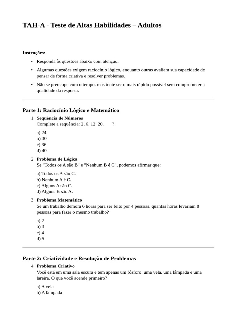 Teste de Altas Habilidades para Adultos | PDF | Lógica | Pensamento