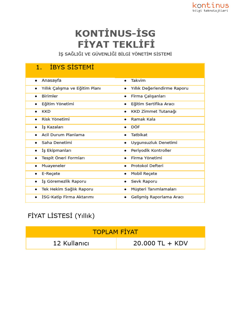 Kontinus-İsg Fiyat Teklifi: 1. İbys Sistemi | PDF