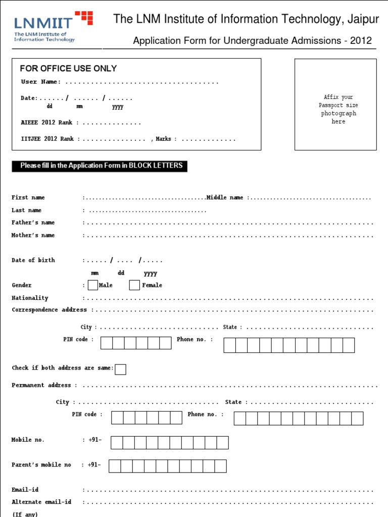 LNMIIT Admission Application Form PDF Business Computing And