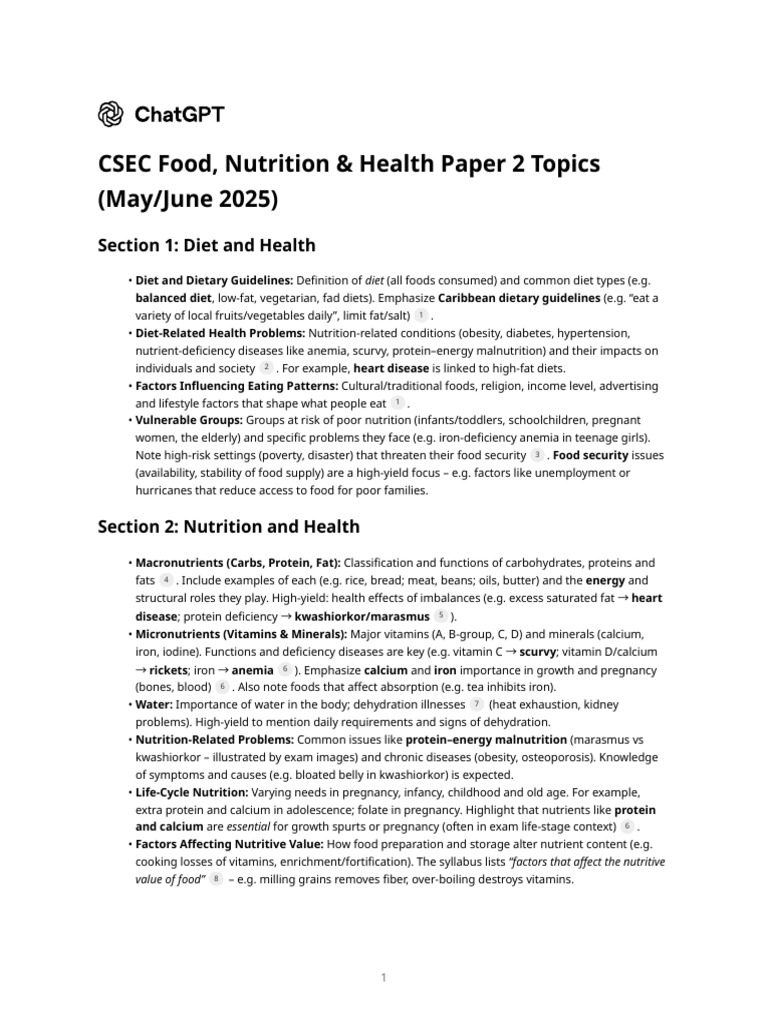 CSEC Food & Nutrition Syllabus 2025 | PDF | Diet (Nutrition) | Diet ...