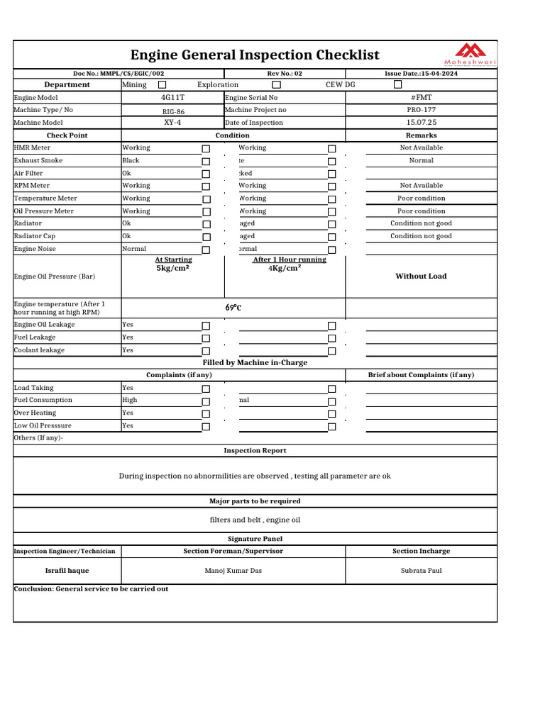 Engine Inspection Checklist for RIG-86 | PDF | Engines | Energy Technology