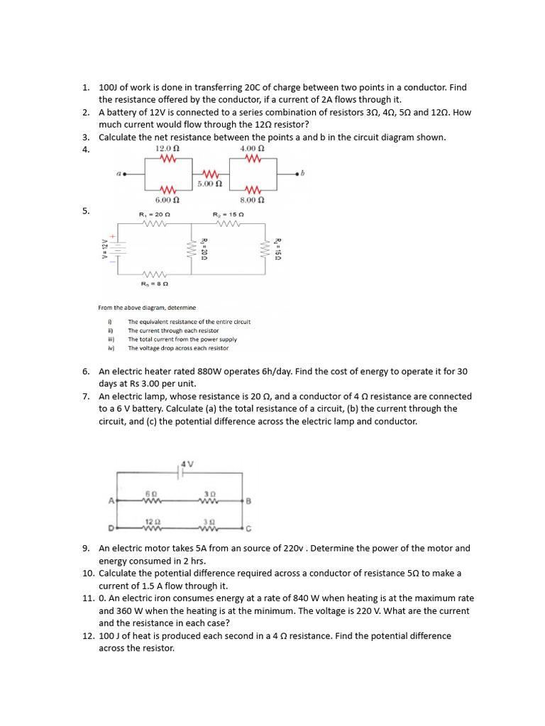 Electrical Work and Resistance Calculations | PDF | Electric Current ...