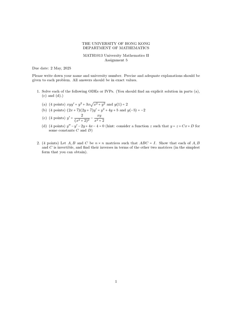 HKU Math1013 Assignment 5 Solutions | PDF