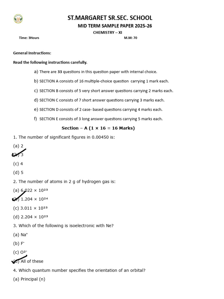 Chemistry Mid Term Sample Paper XI | PDF | Chemical Bond | Molecules