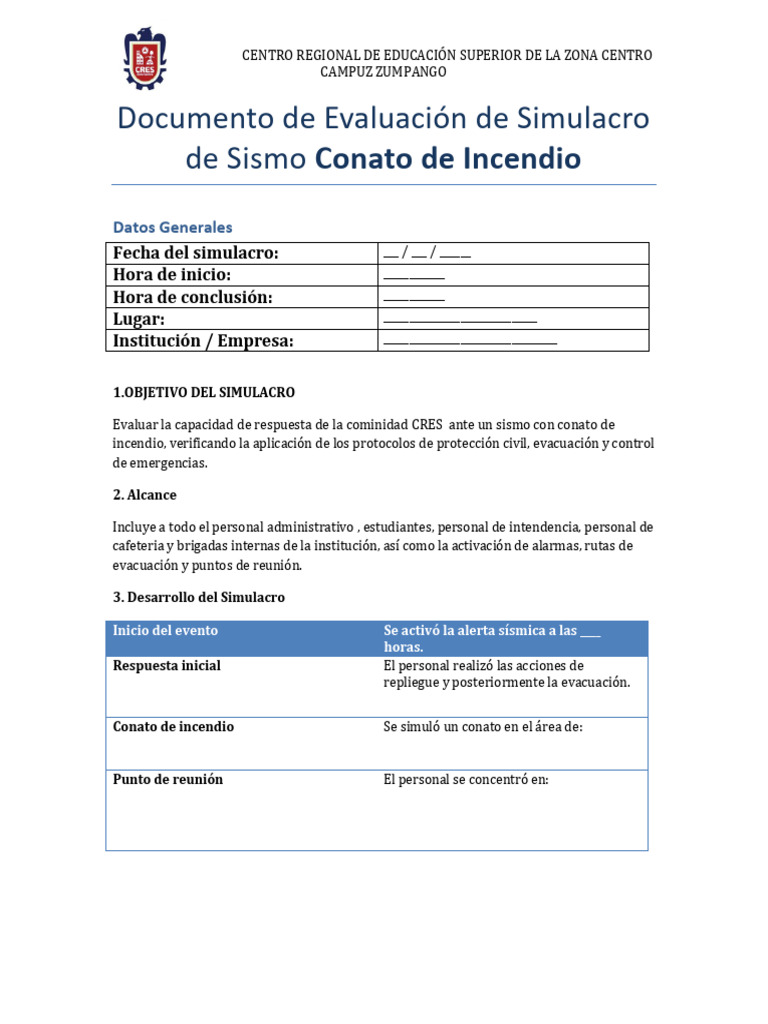 Evaluacion Simulacro Sismo Conato Incendio CRES | PDF