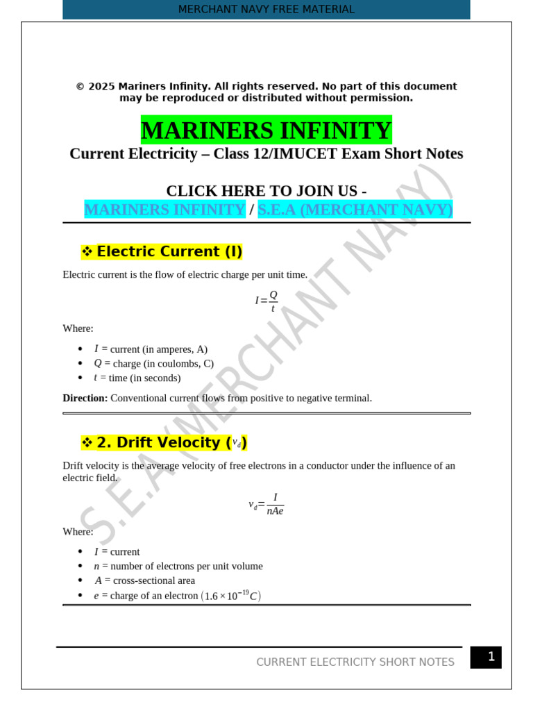 Current Electricity Study Notes | PDF | Electrical Resistivity And ...
