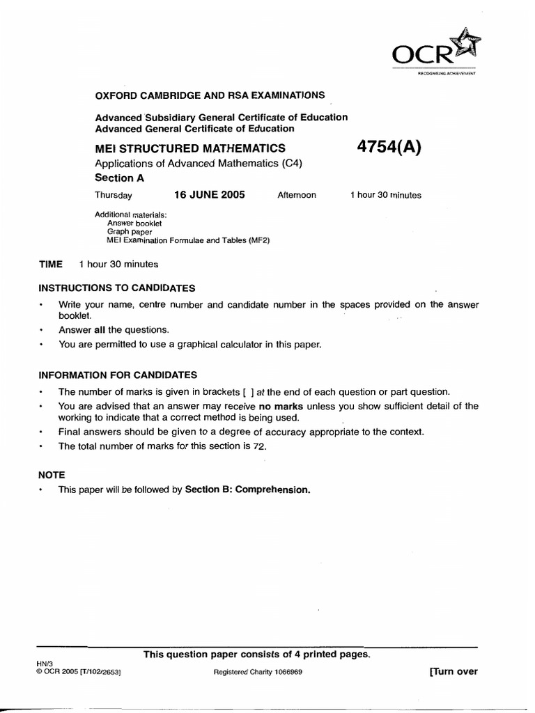 Advanced Mathematics C4 Exam Paper | PDF | Equations | Cartesian ...