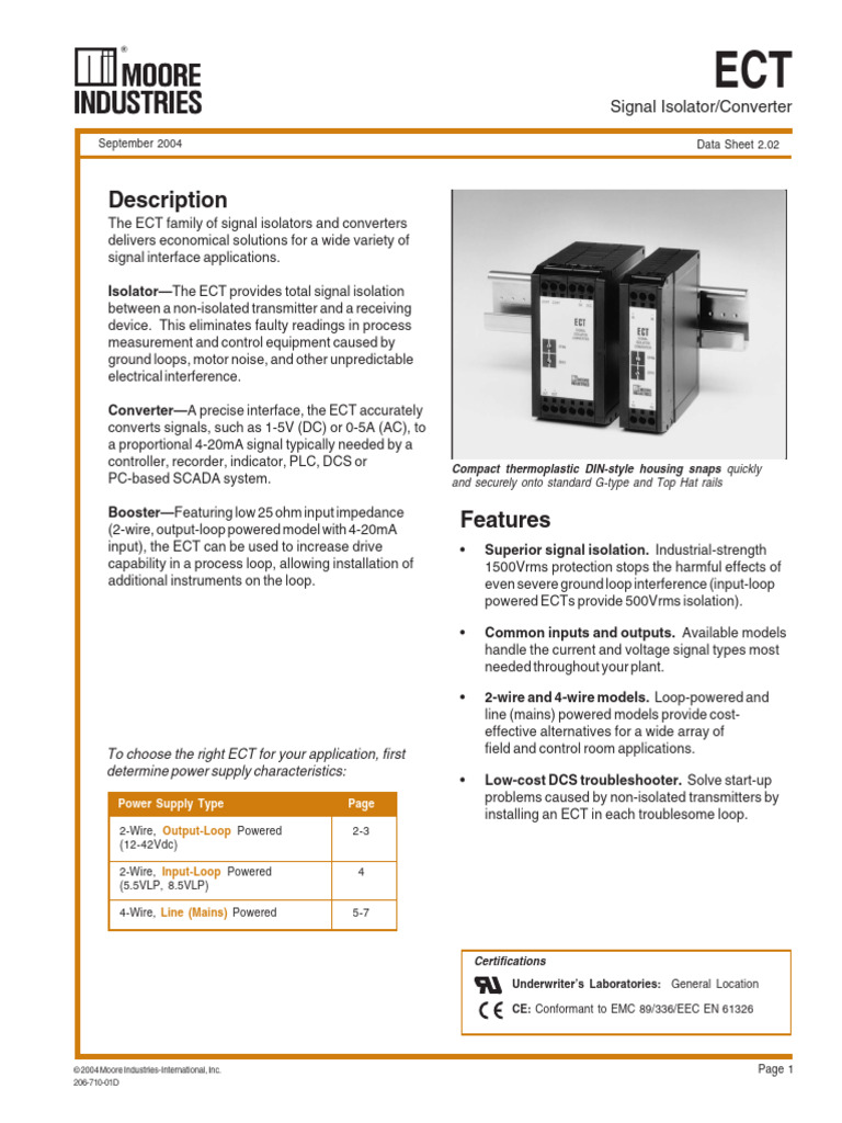 Moore ECT Signal Isolator Overview | PDF | Power Supply | Mains Electricity