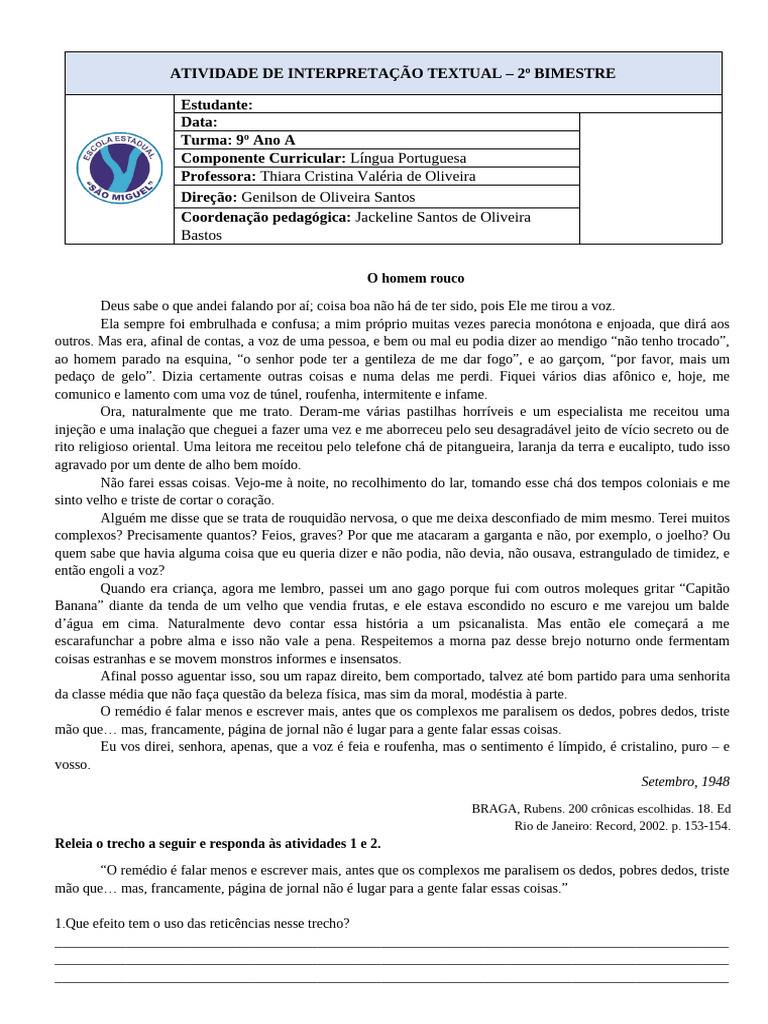 Interpretação de Crônica para 9º Ano | PDF | Amor | Tempo