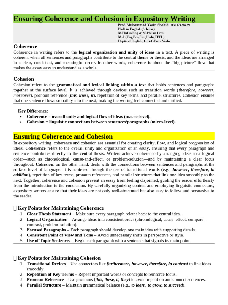 Ensuring Coherence and Cohesion in Expository Writing | PDF | Essays | Word