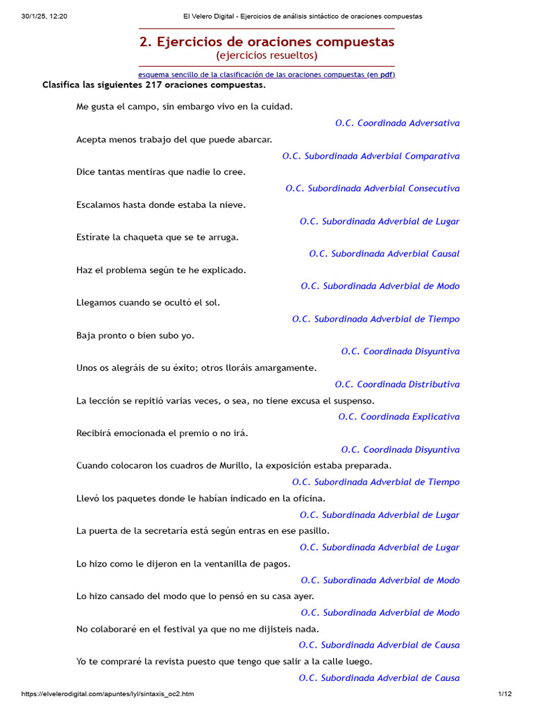 Ejercicios de oraciones compuestas en PDF | PDF | Adverbio | Relaciones ...