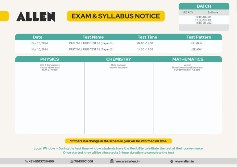 JEE Main & Advanced Syllabus Test 2024 | PDF