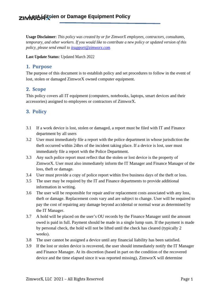 Stolen or Damaged Equipment Policy | PDF | Insurance | Laptop