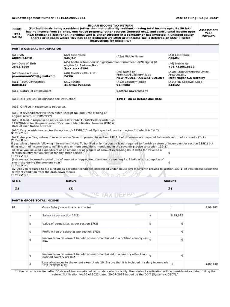 ITR1 Income Tax Return for AY 2024-25 | PDF | Tax Deduction | Tax Refund