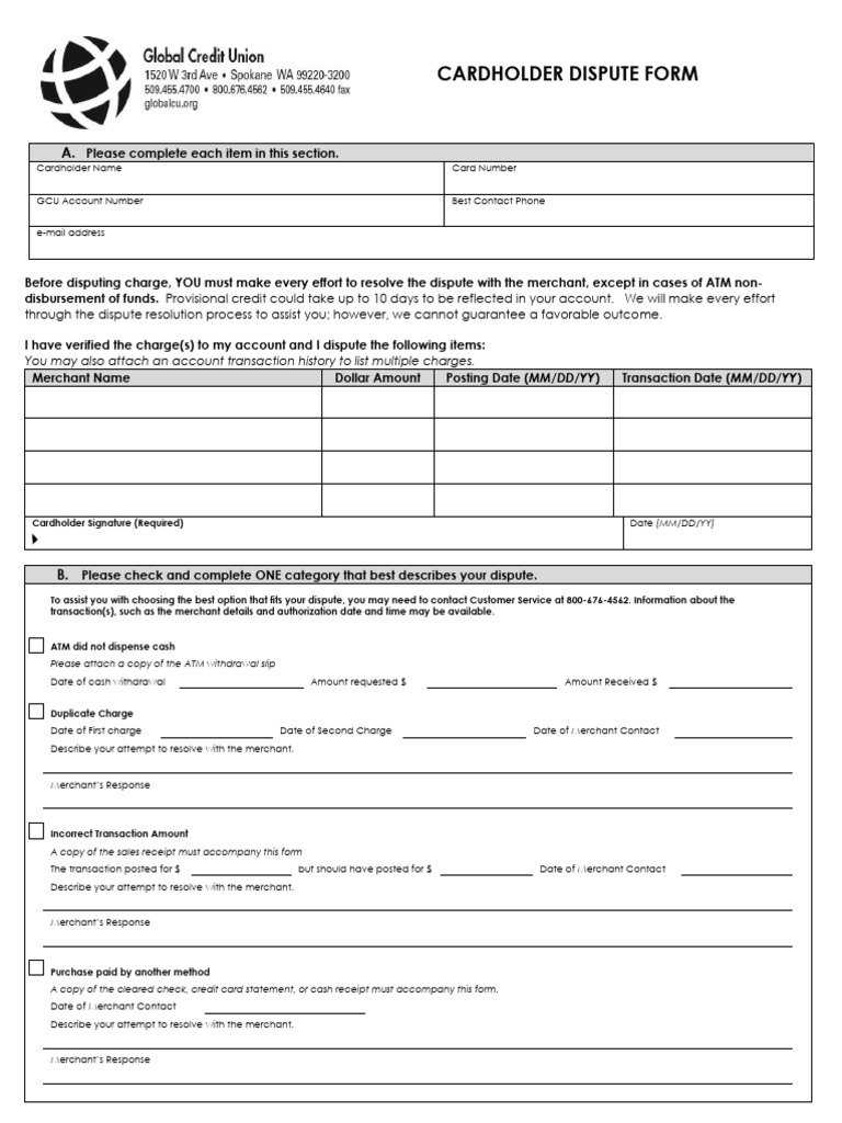 Cardholder Dispute Form Instructions | PDF | Credit Card | Payments