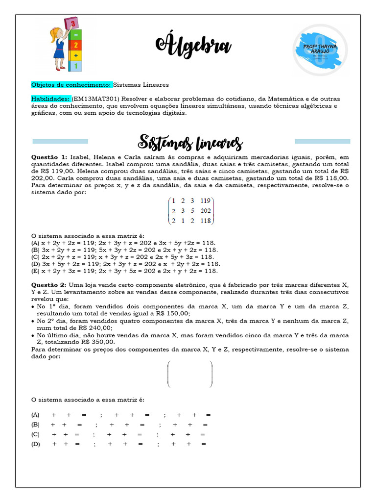 Exercícios Resolvidos de Sistemas Lineares | PDF | Sistema de equações ...