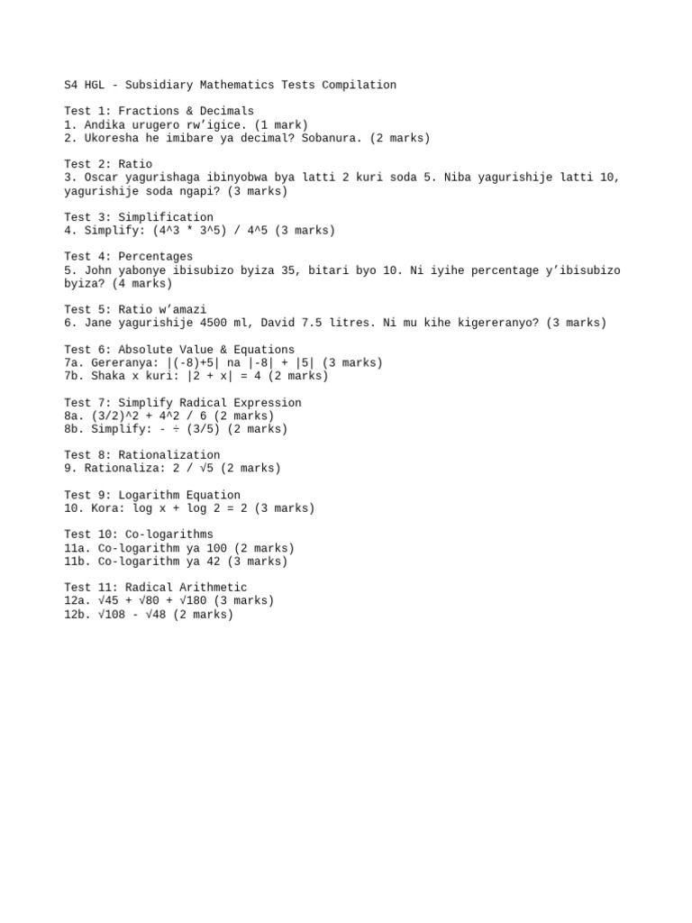 S4 Subsidiary Mathematics Tests | PDF