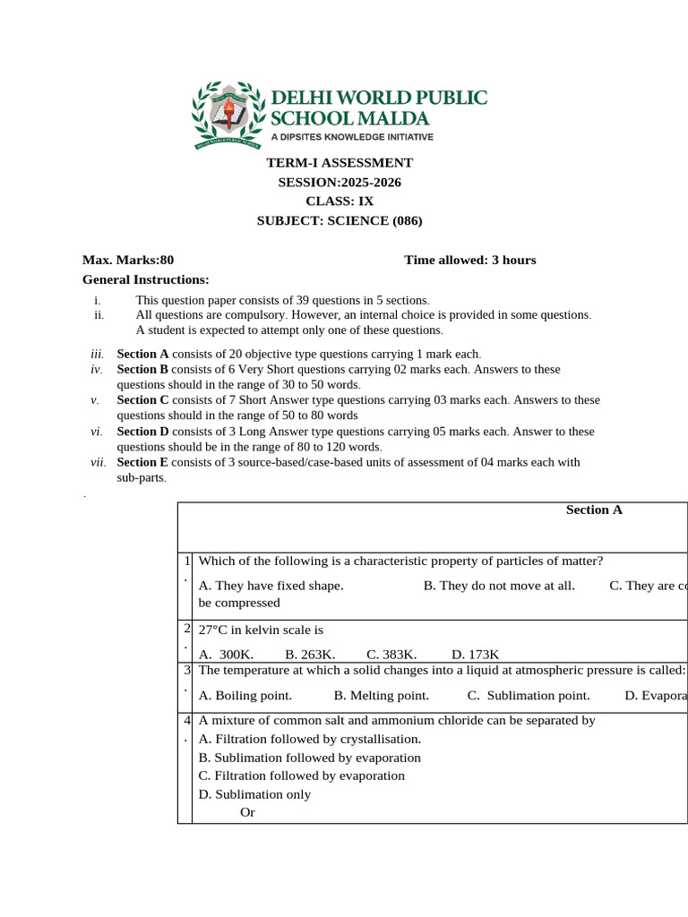 Class 9 Biology SA1 Question Paper 2025 | PDF | Force | Tissue (Biology)