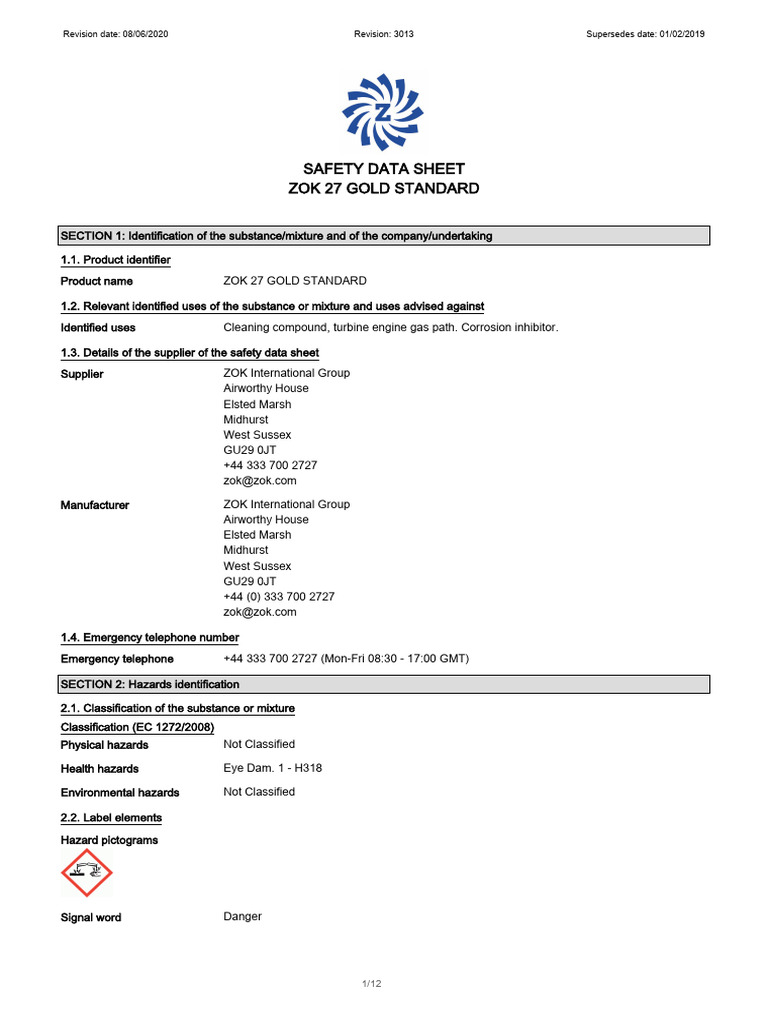 ZOK 27 Gold Standard Safety Data Sheet | PDF | Biodegradation | Chemistry