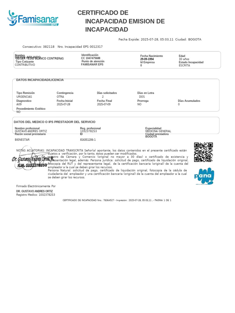 Certificado de Incapacidad EMITIDA POR LA EPS | PDF