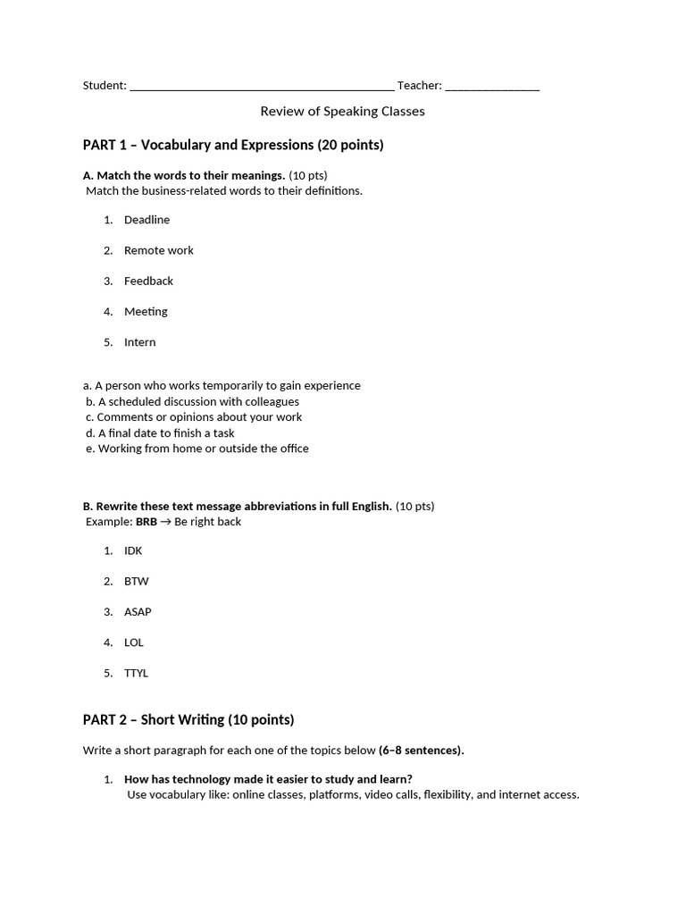 Speaking Class Review: Vocabulary & Writing | PDF