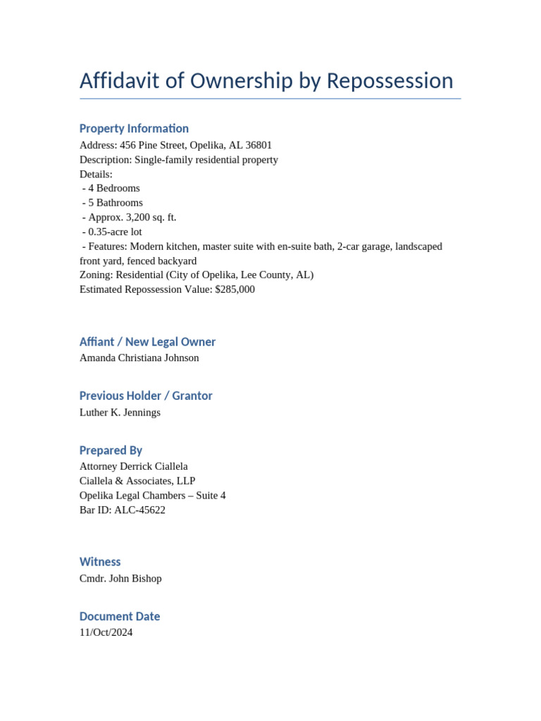 Upgraded Affidavit of Ownership by Repossession | PDF