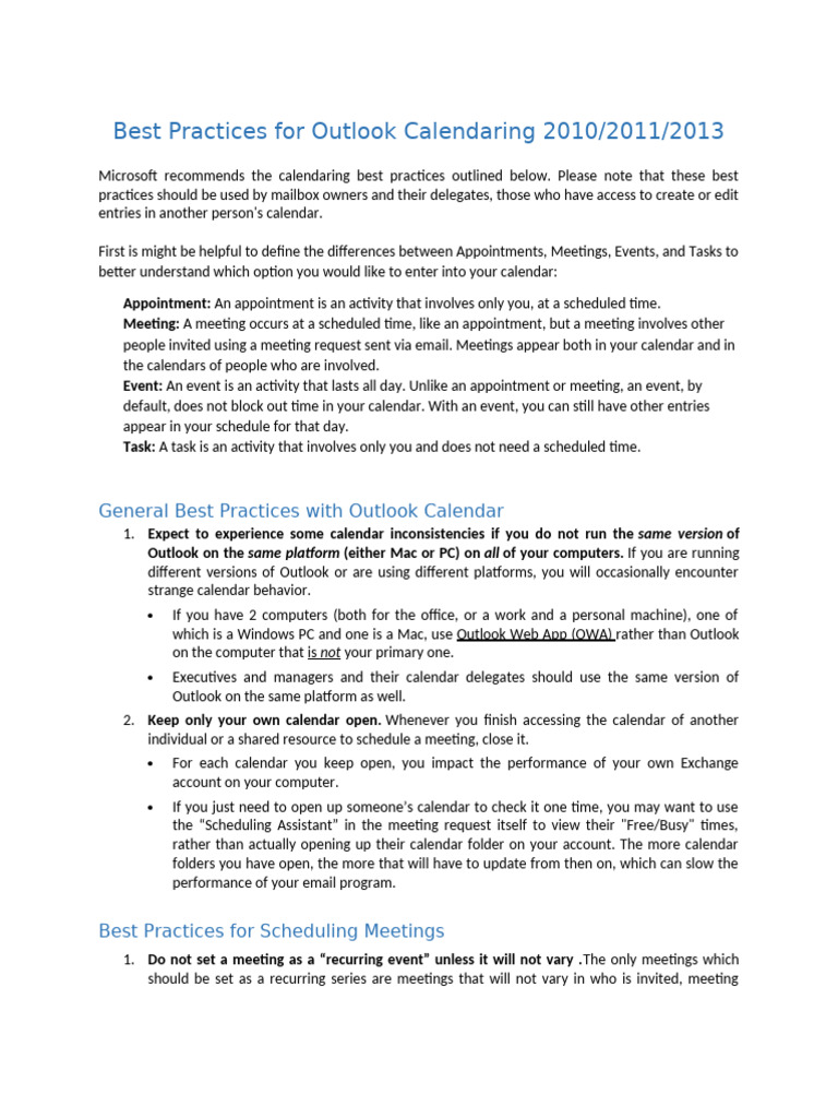 Outlook Calendaring Best Practices | PDF | Microsoft Outlook | Computer ...