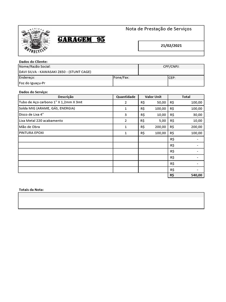 Nota de Serviço Garagem 95 - DAVI | PDF