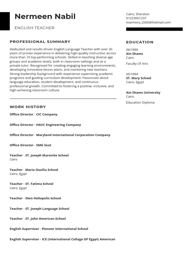 Nermeen Nabil Resume 27 | PDF | Teachers | Pedagogy