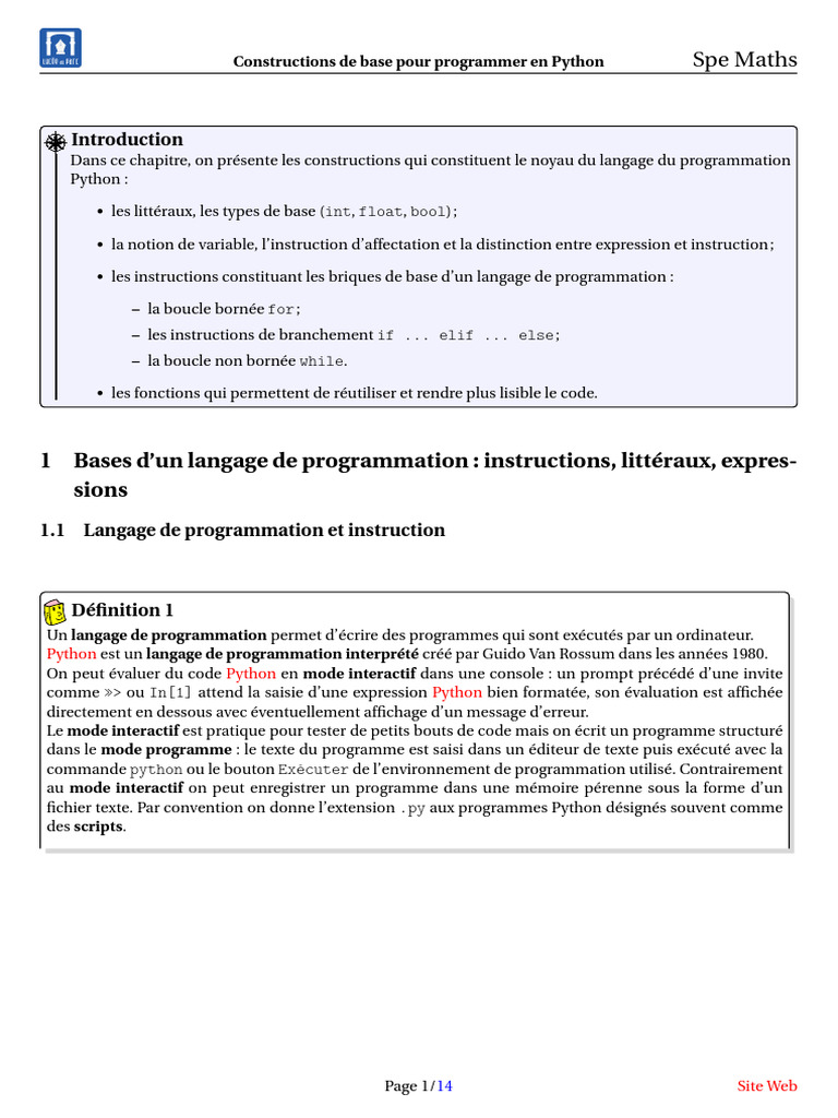 Bases de la programmation en Python | PDF | Structure de contrôle ...