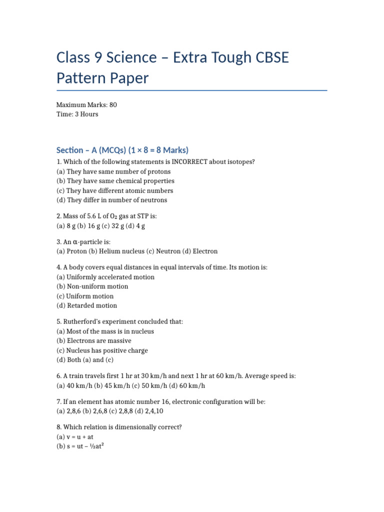 Class 9 Science CBSE Tough Pattern Paper | PDF | Atomic Nucleus | Atoms